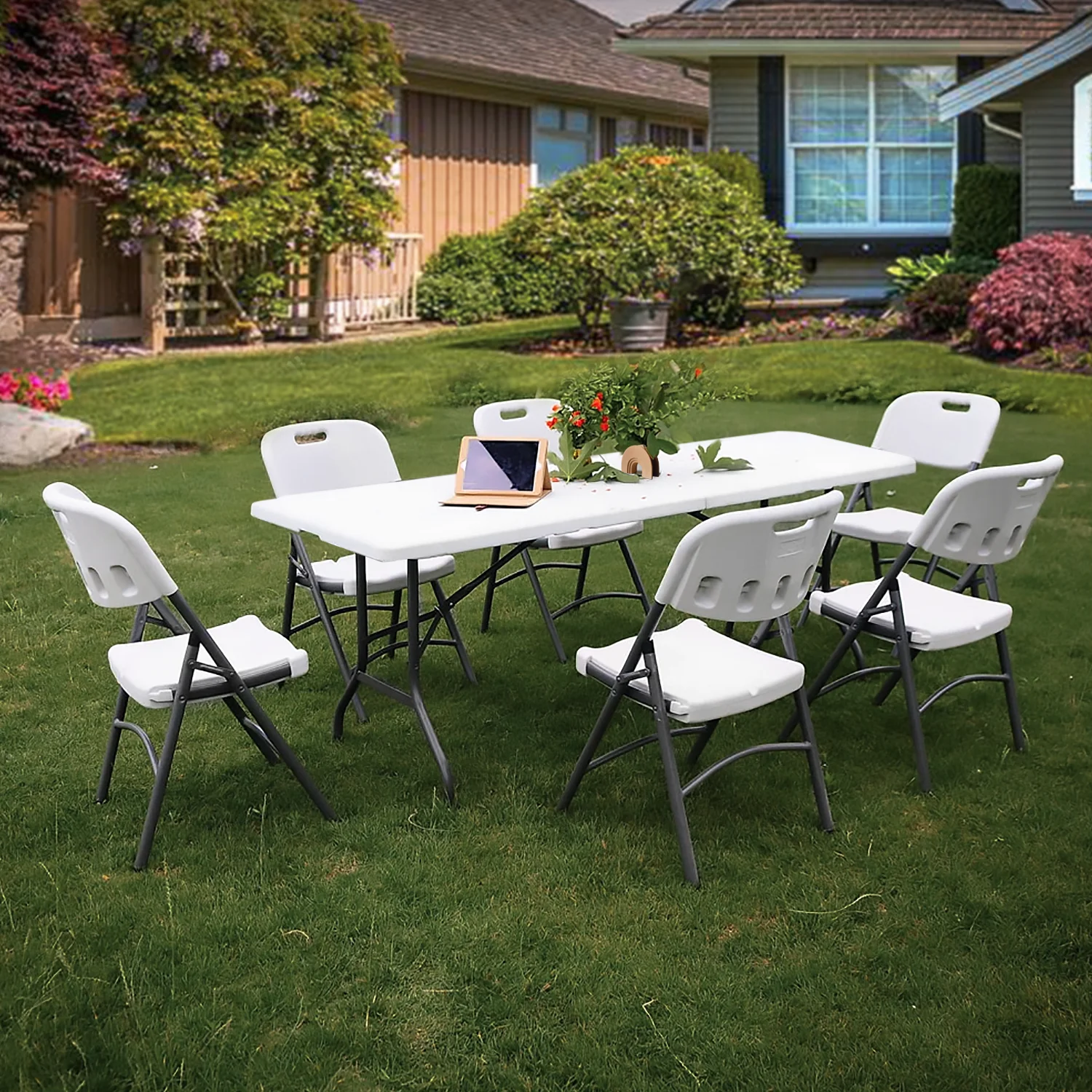 Magshion 10 Pack 8Ft Folding Utility Table Fold-in-Half Portable Plastic Picnic Party Dining Camp Table with Carry Handle, White