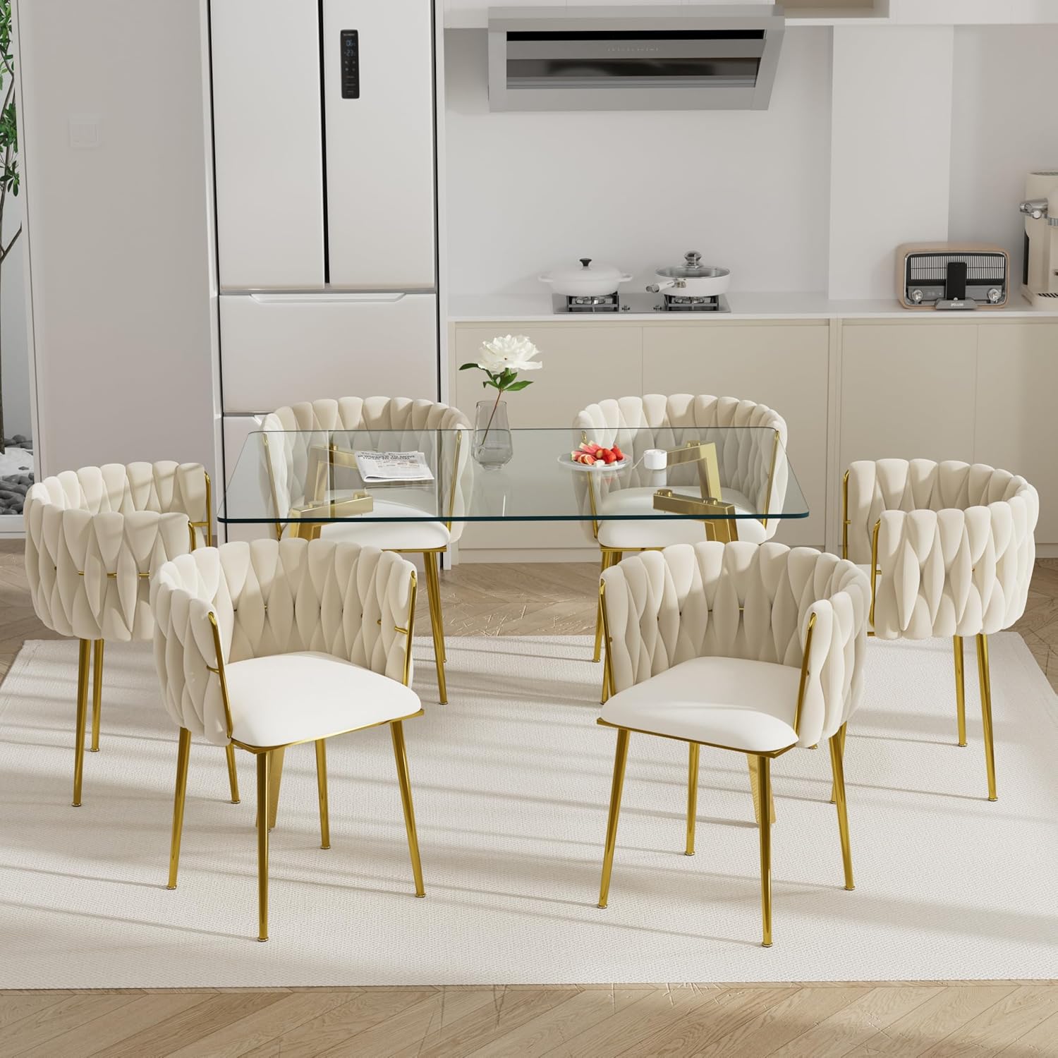 Gold Glass Dining Table Set for 6, 51'' Modern Rectangle Dinner Room Table Set, 7 PCS Clear Glass Top Retro Kitchen Table Set