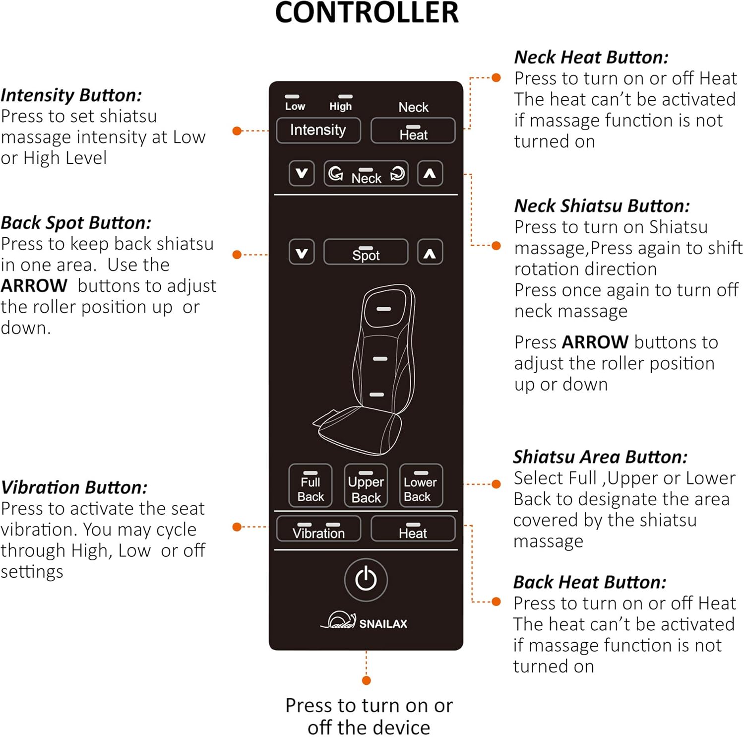 SNAILAX Shiatsu Back Massager with Heat -Deep Kneading Massage Chair Pad with Adjustable Intensity, Shiatsu Chair Massager to Relax Full Body Muscle