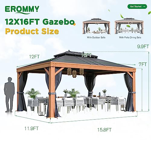 EROMMY 12'x20' Hardtop Gazebo Double Roof Galvanized Steel Canopy Outdoor Aluminum Frame Permanent Metal Pavilion with Netting and Curtains for Patio