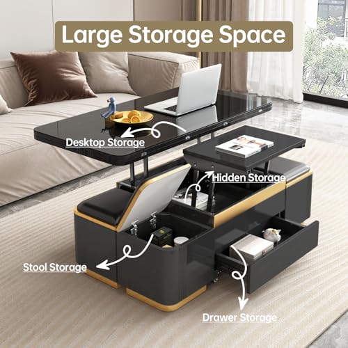 3-in-1 Multi-Functional Coffee Table with Glass Tabletop, Lift Top Center Table with 4 Storage Stools, Expandable Dining Table for Living Room