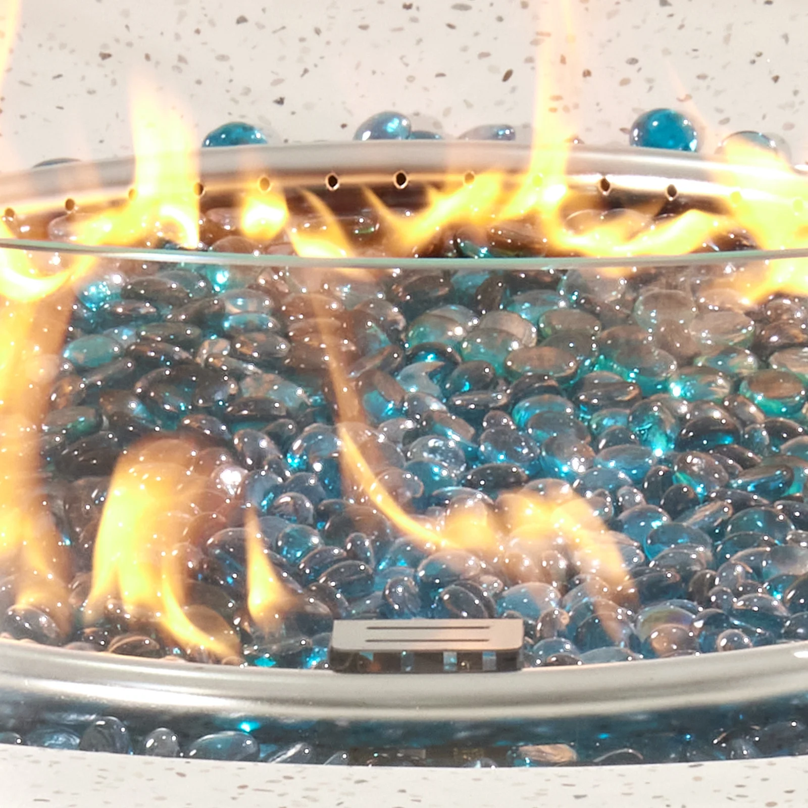 COSIEST Outdoor Propane Fire Pit Coffee Table w Terrazzo White 40.5-inch Round Base Patio Heater, Wind Guard, Aqua Blue Fire Glass, Rain Cover