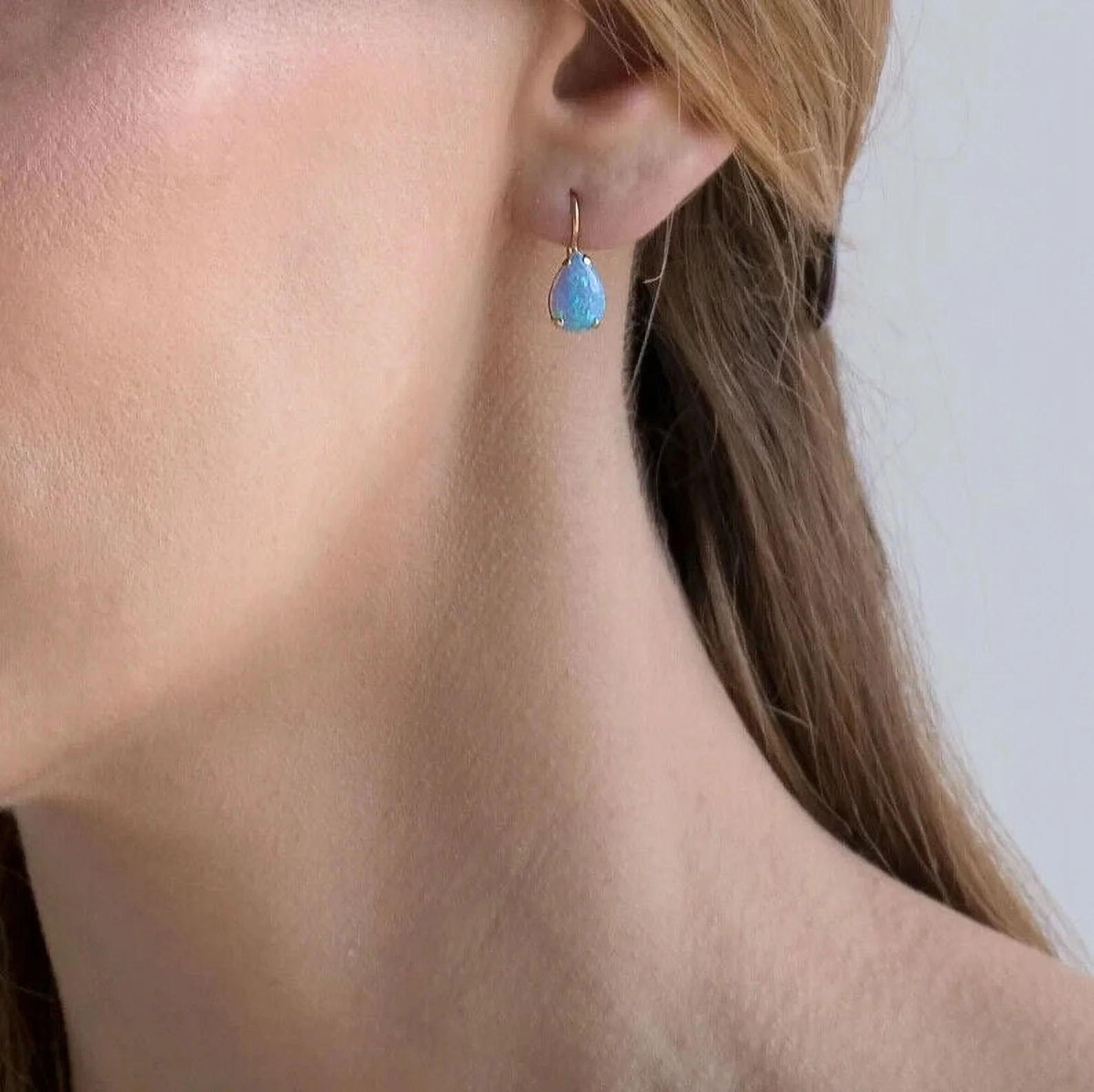 14K Yellow Gold Pear Cut Blue Opal Gemstone Earrings - Teardrop Earrings