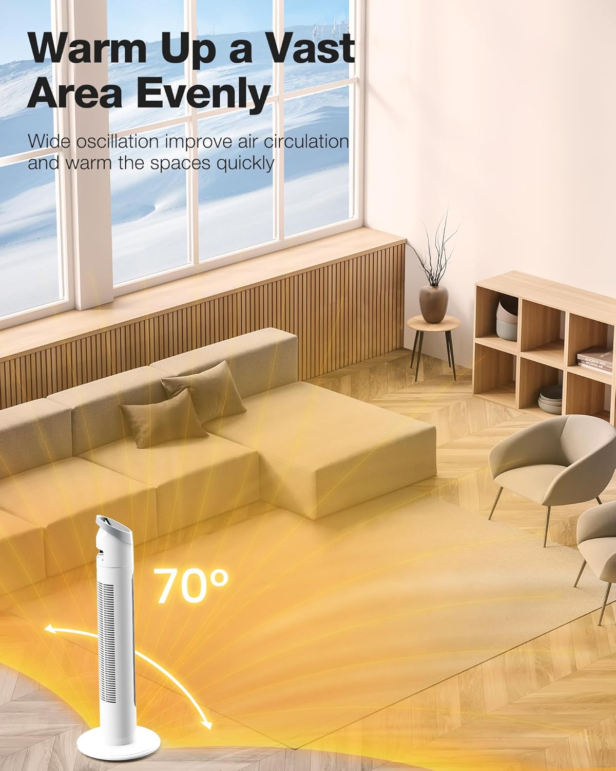 Space Heater for Large Room, 34" Tower Heater with Remote, 1500W Space Heater with 12H Timer, 70° Oscillating, Adjustable Thermostat