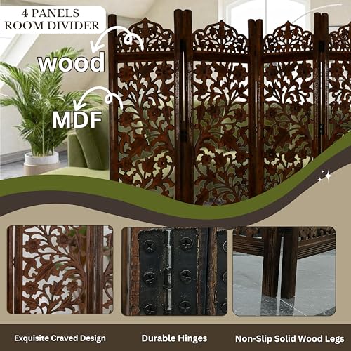 Lightnpro Wooden Room Divider - Handmade Foldable Partition Screen with Intricate Oval Carved Design Hinged