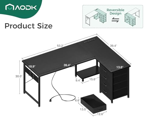 AODK L Shaped Gaming Desk with 4 Drawers, 61" Reversible Home Office Desks with Power Outlets