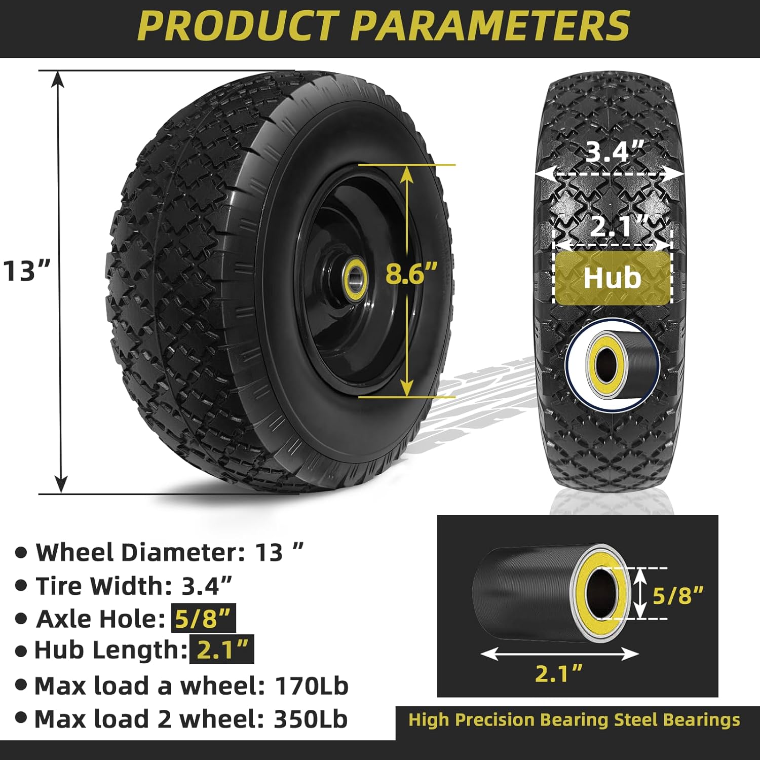 13” Tire and Wheel Flat Free, Replacement Solid Tire and Wheel Assemblies with 5/8” Axle Bore Hole and Double Sealed Bearings