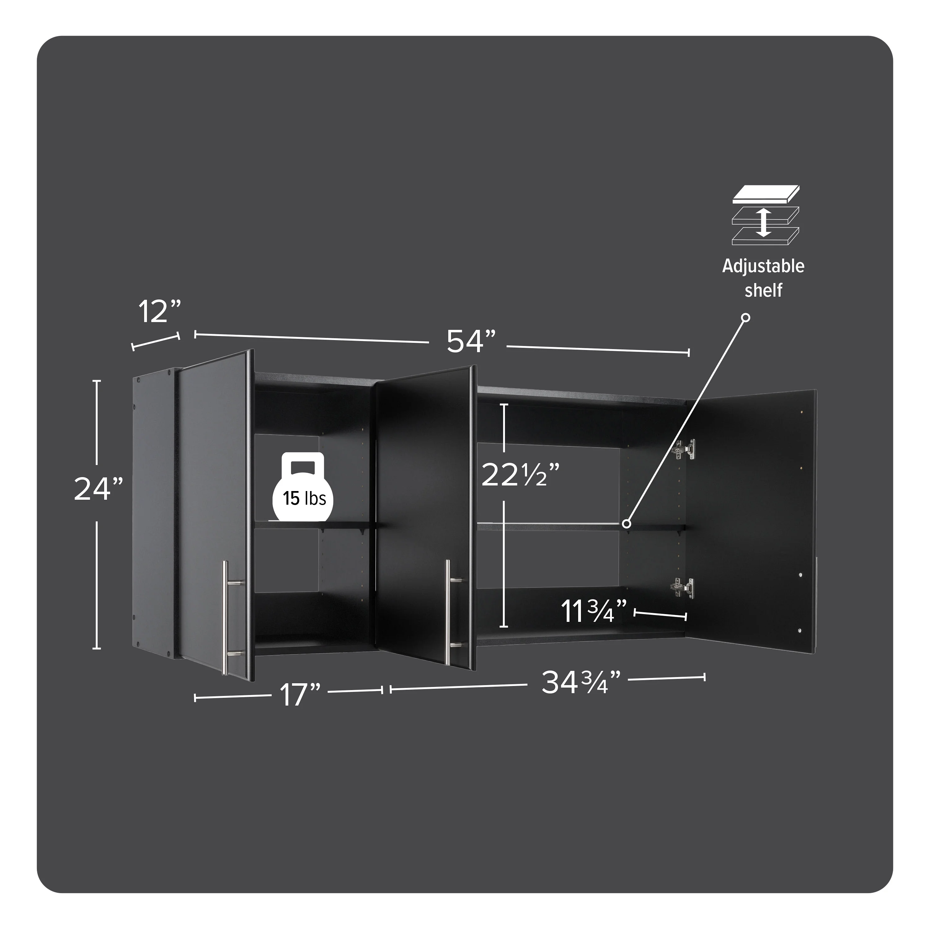 Prepac Elite Wall Cabinet, Versatile Adjustable Garage Wall Cabinet by Prepac, Tall 3-Door, 54"W x 24"H x 12"D, BEW-5424, Black
