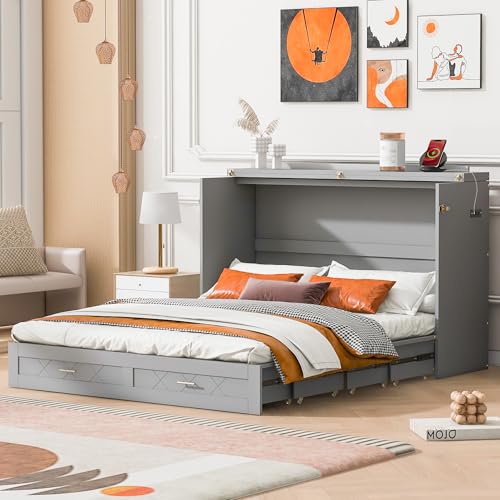 Harper & Bright Designs Queen Size Murphy Wall Bed, Chest Cube Cabinet With USB, Charging Station and Large Storage Drawer for Home Office