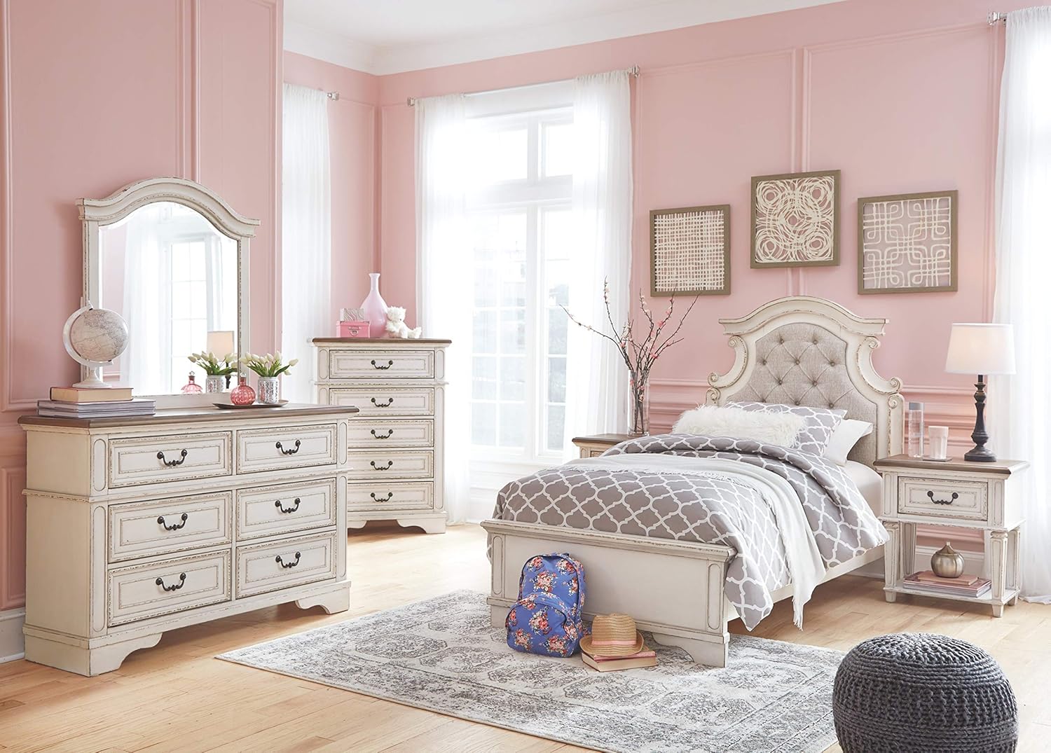 Signature Design by Ashley Realyn French Country 3 Drawer Nightstand with Electrical Outlets & USB Ports, Chipped White