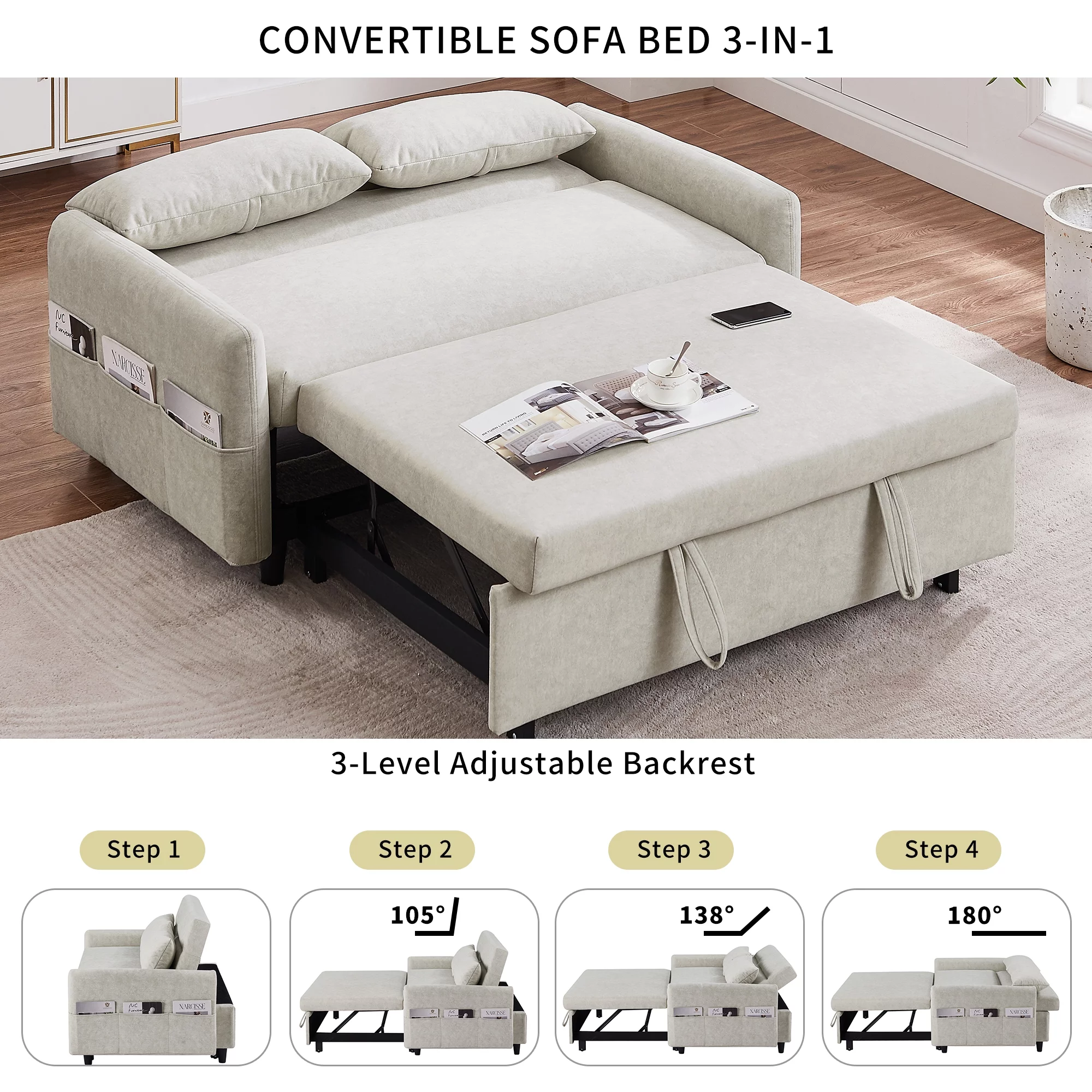 Euroco 55" Loveseat with Pull Out Bed, Sleeper Sofa with Adjustable Backrest, 2 Seater Couch with Pillows, Storage Pockets for Living Room, Beige
