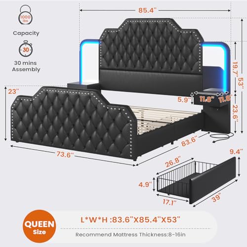 Itaar Queen Bed Frame with 53" Tall Headboard and 4 Storage Drawers, PU Leather Upholstered Platform Bed Frame, Built in Charging Station & Led