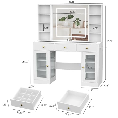 White Vanity Desk with Mirror and Lights, Glass Top Vanity with Lighted Mirror & RGB Glass Cabinet and 3 Drawers