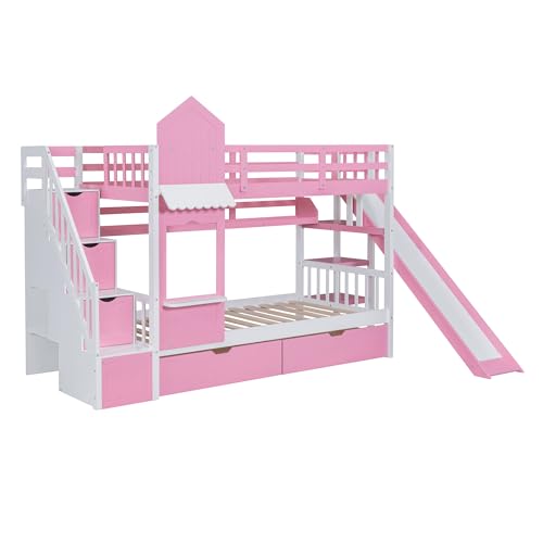 Kids Bunk Bed with Stairs and Slide, Wood Twin Over Twin Bunk Bed with Storage Drawers and Shelves, Castle Style Bunk Beds for Kids Teens Girls Boys