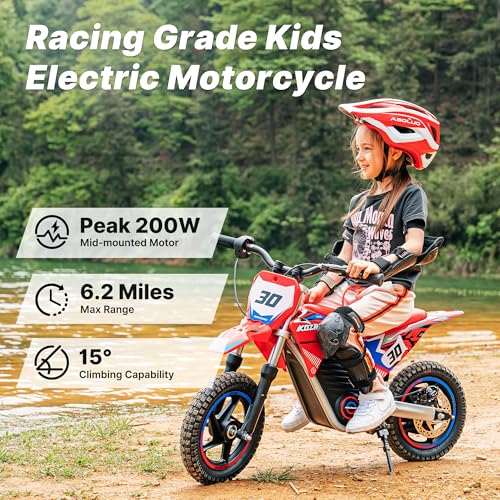 OLALA 36V Electric Dirt Bike for Kids Aged 4-8, Brushless 350W Racing Grade Electric Motorcycle, Up to 18.6MPH & 3 Speed Settings, Dual Disc Brakes