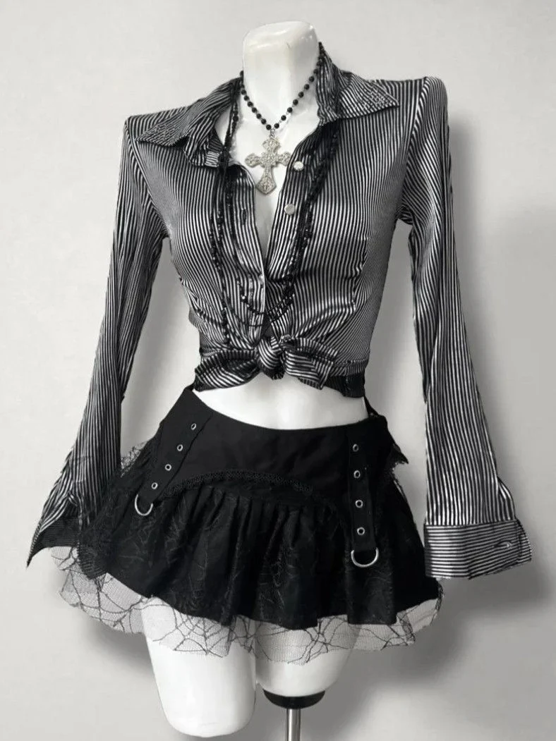 ’Sweet Entwine' Lace Patchwork Bow-Tie Blouse & Mini Skirt Set