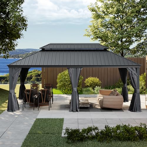 Domi 10’ x 10’ Hardtop Gazebo Metal Frame Canopy with Netting & Curtains
