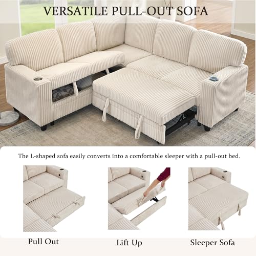 L-Shaped Pull Out Sleep Sofabed,Modern Reversible Sleeper Sectional Sofa Chenille Upholstered Button Tufted Decor with Storage Chaise
