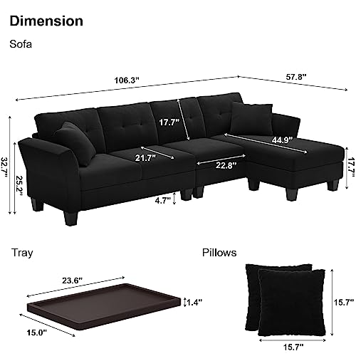 Belffin Velvet Sectional Couch L Shaped Sofa 4 Seater Sofa with Chaise L-Shaped Couches Convertible Sectional Sofa Black