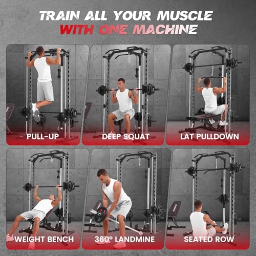 Smith Machine with LAT-Pull Down, Multi-Functional Smith Machine, Power Cage with Cable Crossover, Squat Rack with Landmine, Barbell Bar