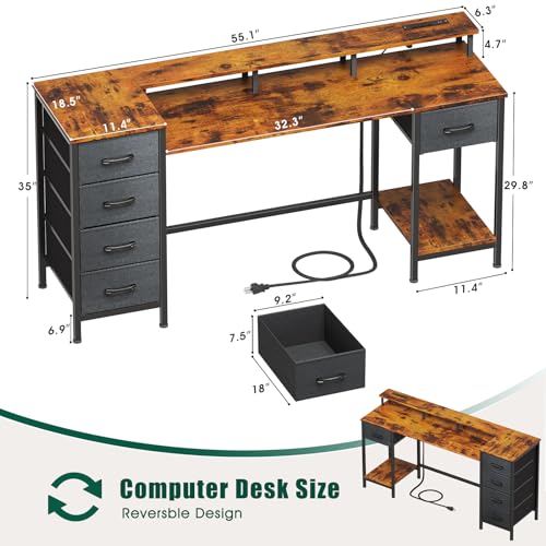 47 Inch Computer Gaming Desk with Power Outlets LED Lights Reversible Home Office with Adjustable Fabric Storage Drawers for Working Writing Study