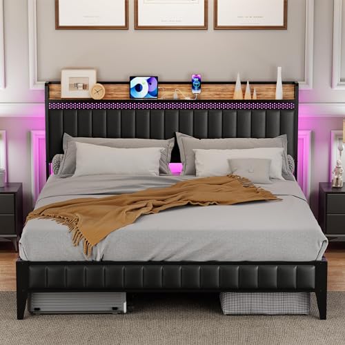 IDEALHOUSE Queen Bed Frame with Charging Station, LED Bed Frame with Storage Headboard, Upholstered Platform Bed Frame, No Box Spring Needed
