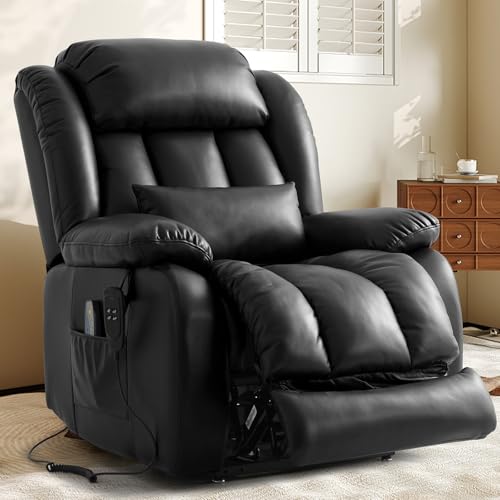 EDILLY Large Genuine Leather Power Lift Recliner Chairs for Elderly, Dual Motor with Massage and Heating,Double Lumbar Cushion and Extended Footrest