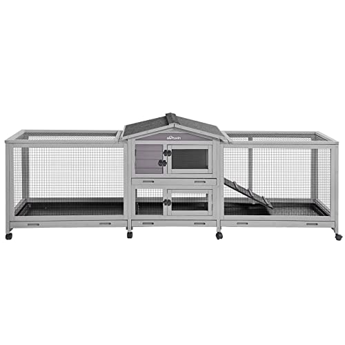 Aivituvin Rabbit Hutch 93.7" Large Rabbit Cage Indoor Outdoor Guinea Pig Cage Chicken Coop on Wheels Bunny Cage with 4 Deep No Leakage Pull Out Tray