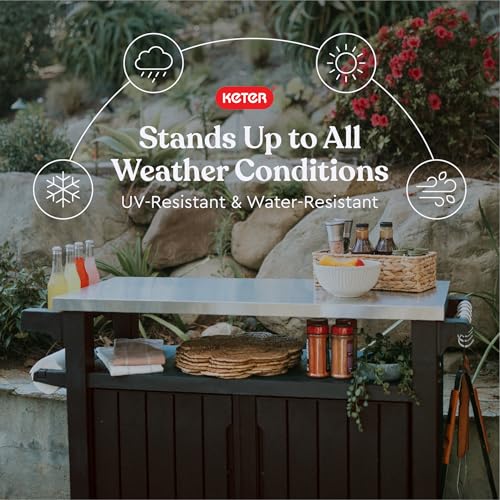 Keter Outdoor Rolling Table Cart for Food Prep, Storage, Bar & Grill, Dark Brown - Portable Kitchen Island Tabletop with Wheels for Drinks, Snacks