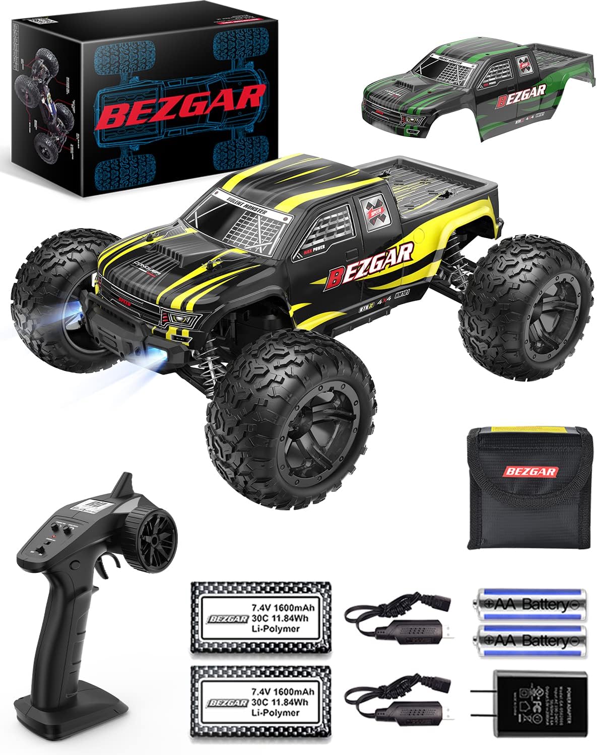 BEZGAR HM101 Hobby Grade 1:10 Scale Remote Control Truck with 550 Motor, 4WD Top Speed 42 Km/h All Terrains Off Road RC Truck
