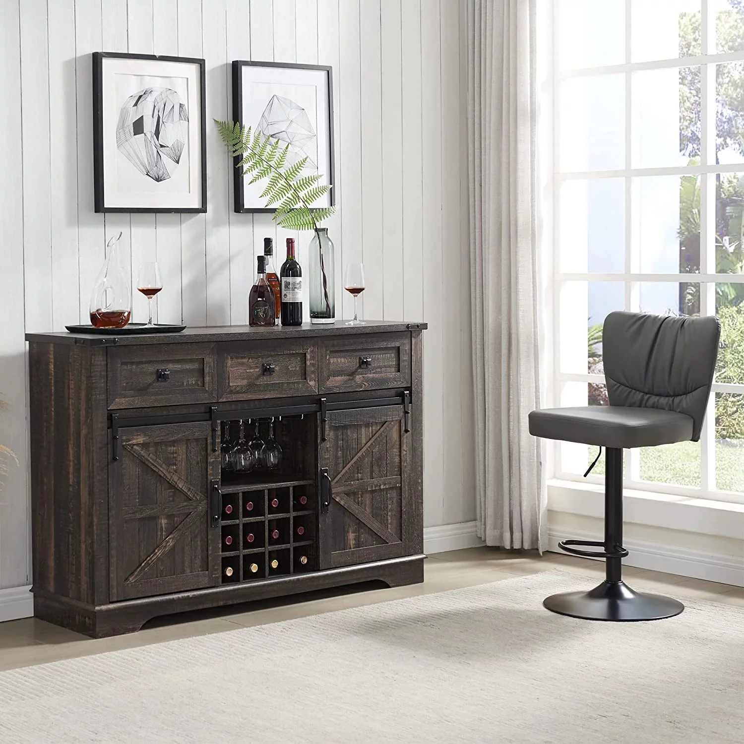 OKD Farmhouse Coffee Bar Cabinet Sideboard Buffet with Wine and Glass Rack, Drawers, Storage Shelves for Dining Room, Living Room