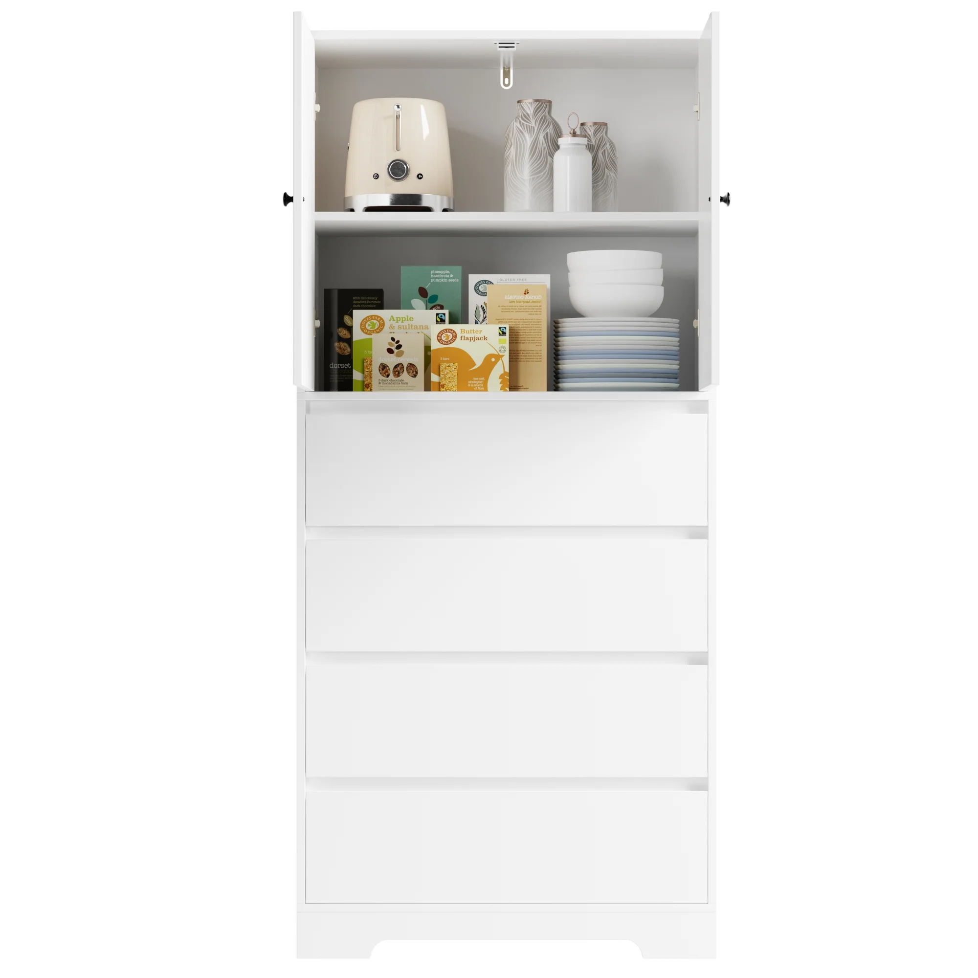 Homfa 64.2'' Tall Farmhouse Kitchen Pantry Storage Cabinet, 4 Drawer Wood Freestanding Storage Cabinet for Home Office Small Spaces, White