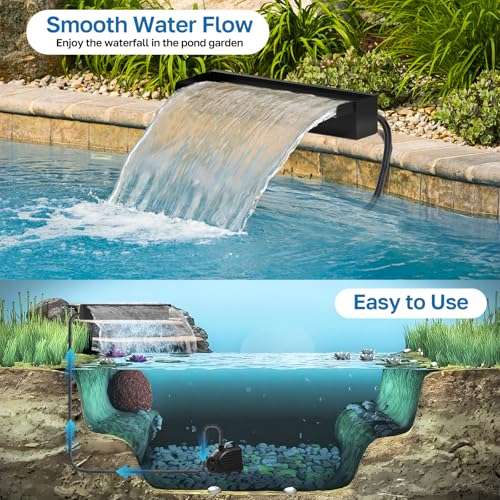 POPOSOAP 24 Inch Pond Waterfall Spillway with 1200GPH Pump, 304 Stainless Steel Waterfall Kit with 9.8FT Corrugated Tube