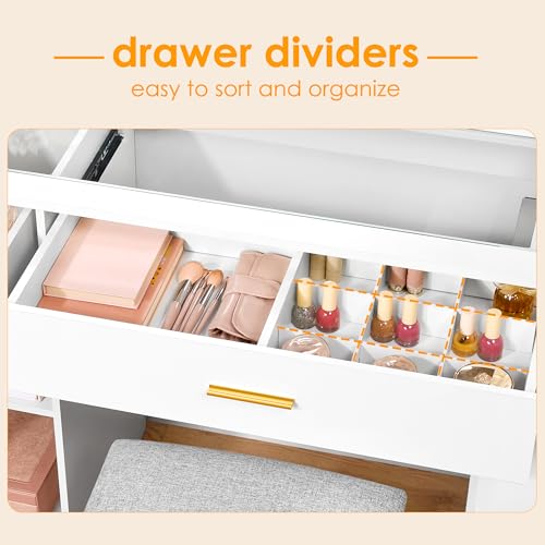 BEWISHOME 49.2" Large Vanity Desk with Mirror and Lights,White Makeup Vanity Table with Glass Top,Stool,Makeup Desk with Power Outlet,Drawers,Cabinet