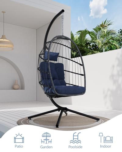SWITTE Egg Chair Outdoor with Stand, Indoor Wicker Hanging Egg Swing Chair with Cushion, 350lbs Capacity for Patio, Bedroom, Garden - Gray