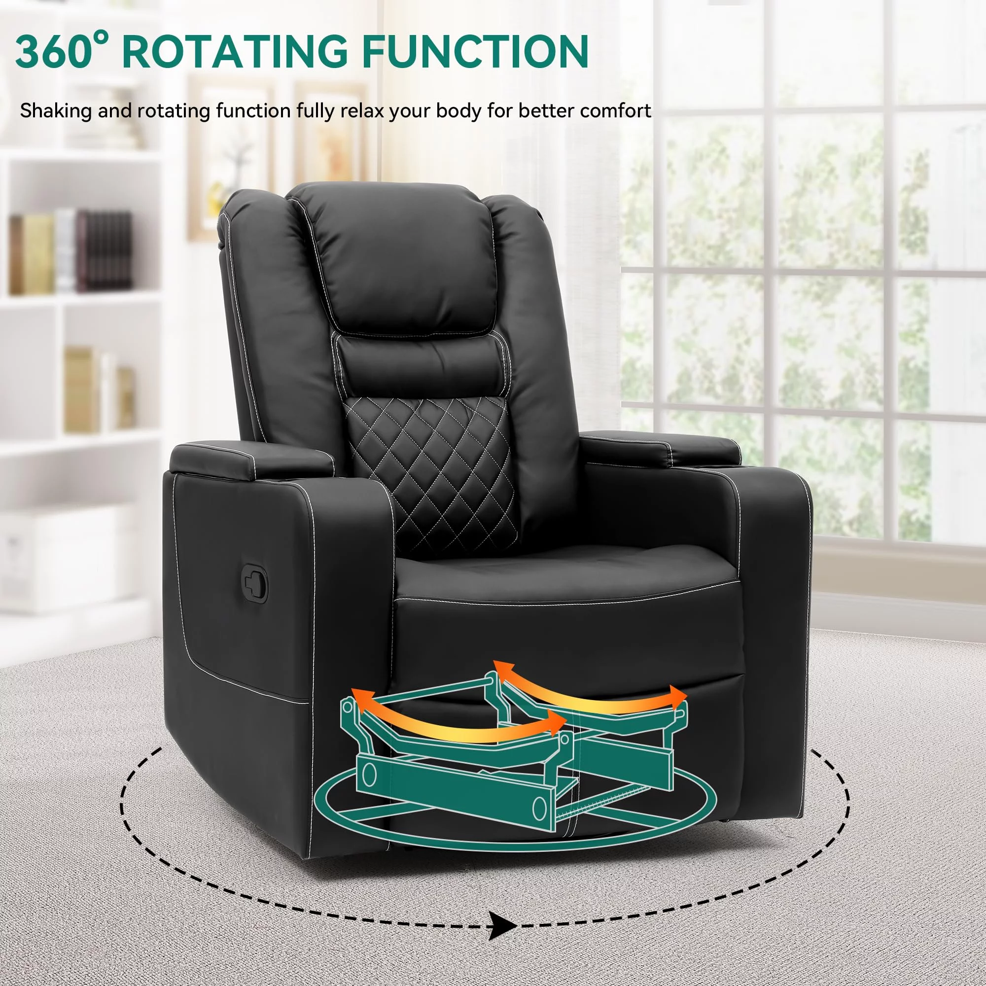 Dextrus Swivel Recliner with Flip Armrests, Manual Pull Loop, and Cup Holders, Soft Leather Recliner Glider for Home Theater - Black