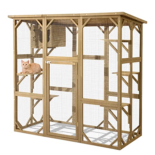 ROOMTEC 70 Inch Large Wooden Catio Outdoor & Indoor Cat Enclosure, Luxury Pet-House with Resting Box & 6 Jumping Platforms