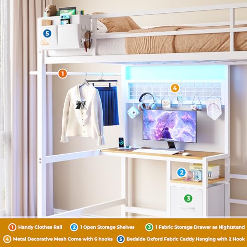 DICTAC Twin Over Twin Size Bunk Bed with Desk and Charging Station Metal Loft Bed with Led Lights & Storage Shelves and Drawers L-Shaped Bunk Bed for