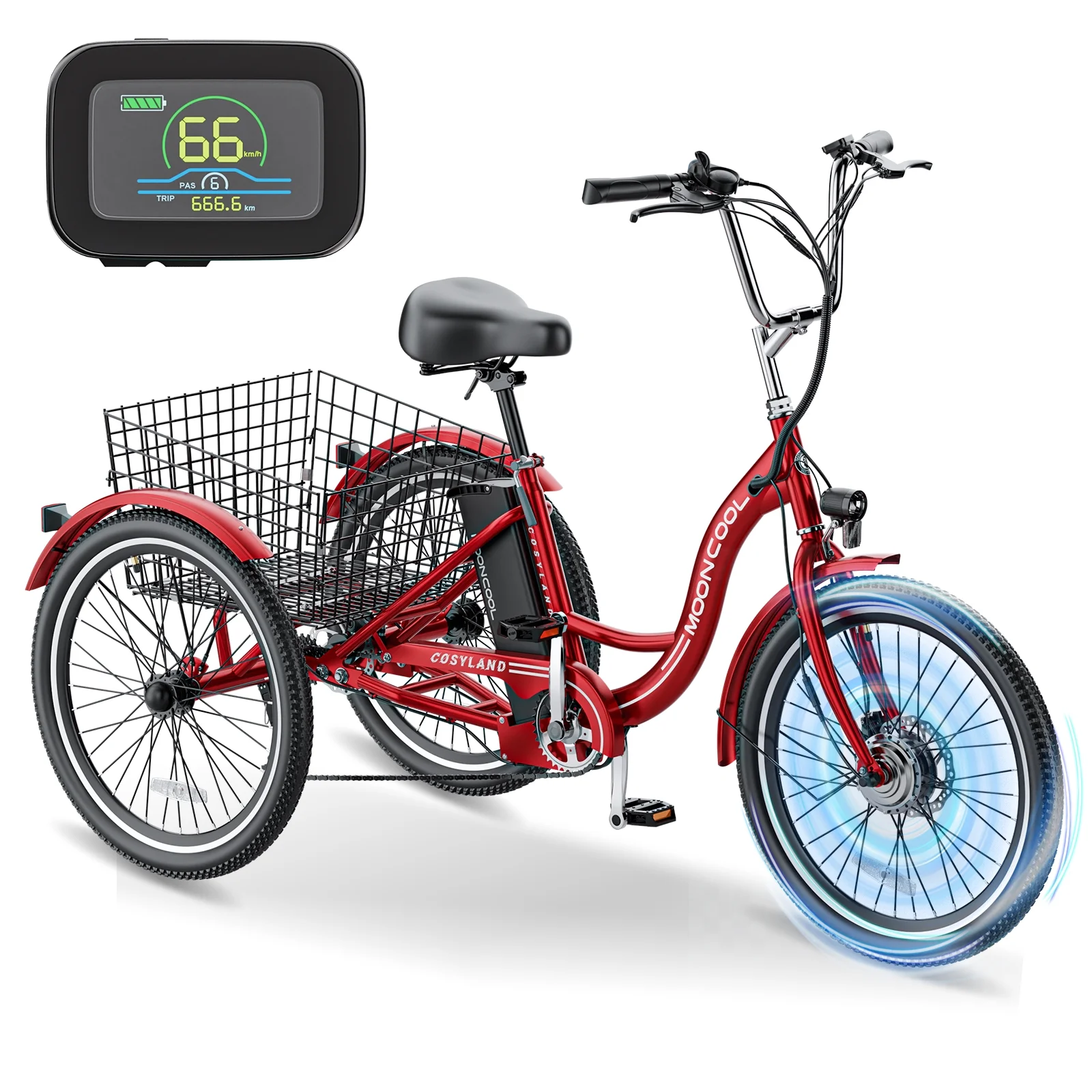 MOONCOOL 350W Motorized Electric Trike, 7 Speed 3 Wheel Electric Bicycle with 36V 14.5Ah Lithium Battery UL Certified