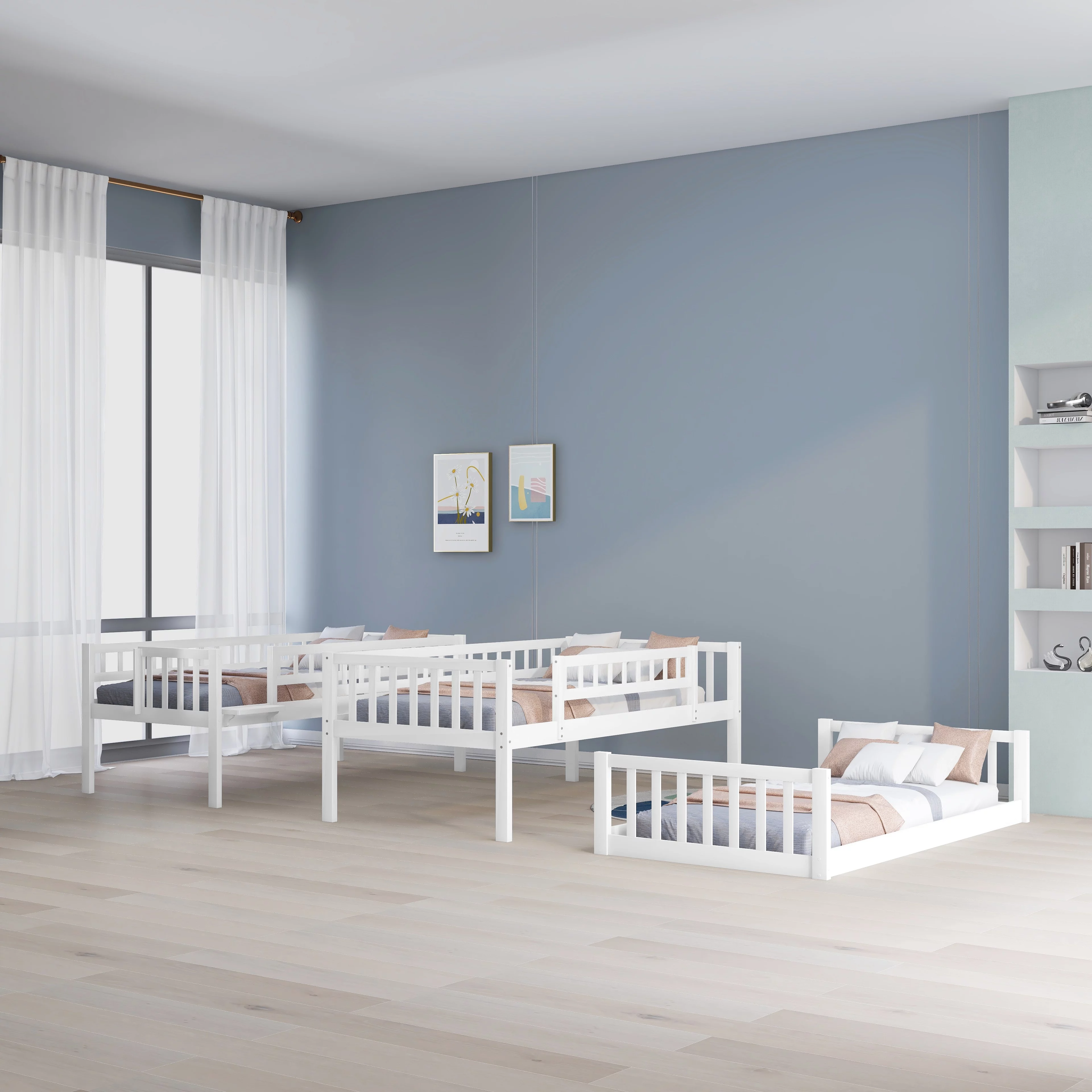 Bellemave Triple Bunk Bed with Slide, Wood Twin Over Twin Over Twin 3 Bunk Bed with Built-In Ladder and Guardrails, Triple Bed for Kids, Teens, Boys