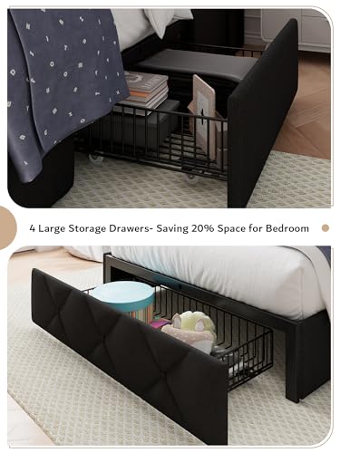 iPormis Queen Bed Frame with 4 Storage Drawers, Upholstered Platform Bed Frame with Charging Station, Modern Wingback Storage Headboard