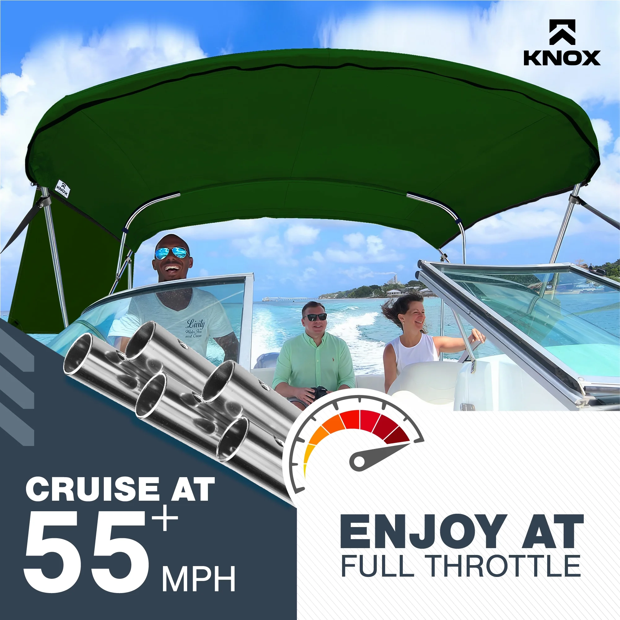 KNOX Universal 3-Bow Bimini Tops for Boats Cover Side Walls, Support Poles, Fade-Proof 900D Marine Canvas, Storage Boot, Sun Shade Canopy For Pontoon