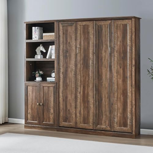 MERITLINE Queen Size Murphy Bed with Storage Bookcase Shelves,Cabinet and Charging Station,Wood Folding White Murphy Wall Bed