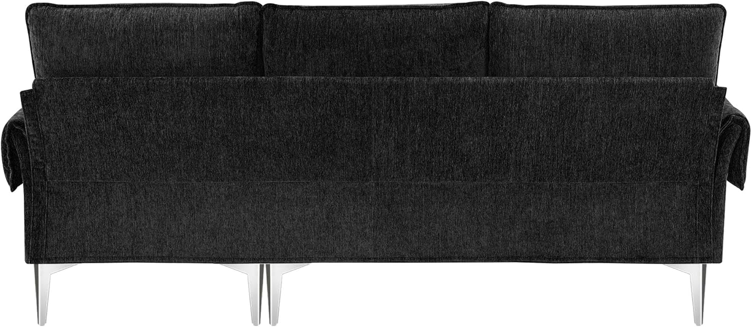 84" Convertible Sectional Sofa with 2 Pillows,Modern Chenille L-Shaped Metal Frame Couch W/Reversible Chaise Lounge,for Dorms,Apartments,Studios,Black