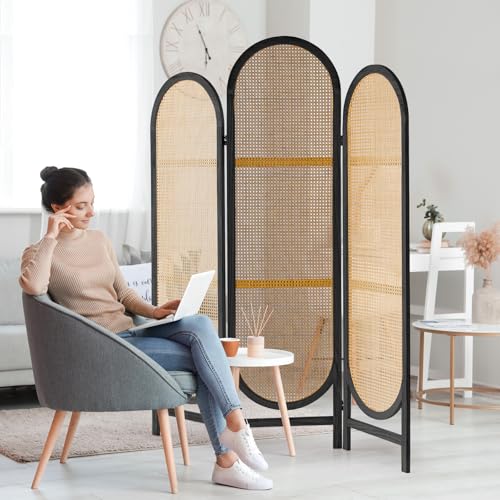 5.9 Ft Tall Hand-Woven Rattan Room Divider 3 Panels, Wood Room Divider Panel, Folding Screen Divider Wall, Wall Divider for Room Separation