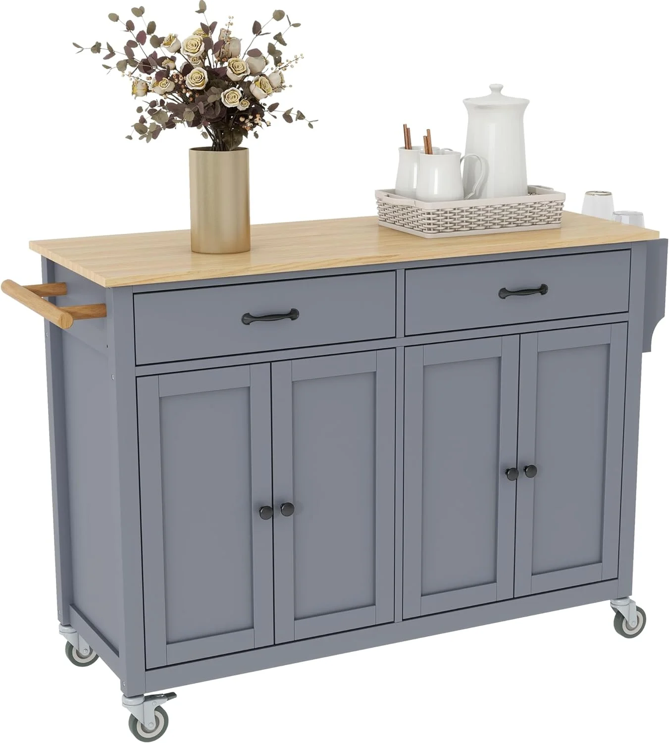 Large Kitchen Island With Solid Wood Top, Storage Cabinets And Drawers, Mobile Kitchen Island Cart With Spice Rack And Towel Rack
