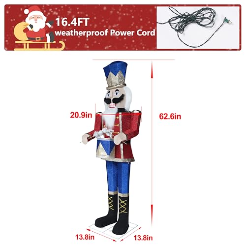 MUPATER 5FT Outdoor Lighted Nutcracker Christmas Decoration, Nutcracker Soldier Holiday Decor Set with Drum, Ground Stakes and Zip Ties