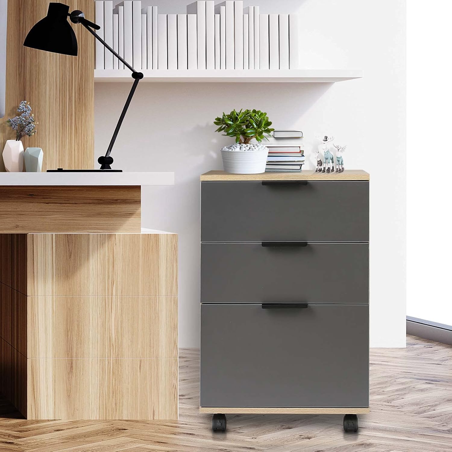 DASROOM 3 Drawer Rolling Wood File Cabinet Home Office Portable Vertical Mobile Storage Filing Cabinet with Wheels, Assembly Required, Oak