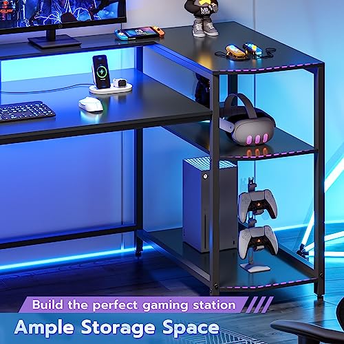 SEDETA Gaming Desk 70.8'' with LED Lights and Storage Shelves, Computer Desk with Monitor Stand, Power Outlets and Cup Holder, Large PC Gamer Desk