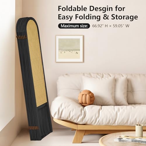 Room Divider 4 Panel, Folding Privacy Screen, Foldable Wood Divider Room Dec, Rattan Room Divider, Portable Partition Screen
